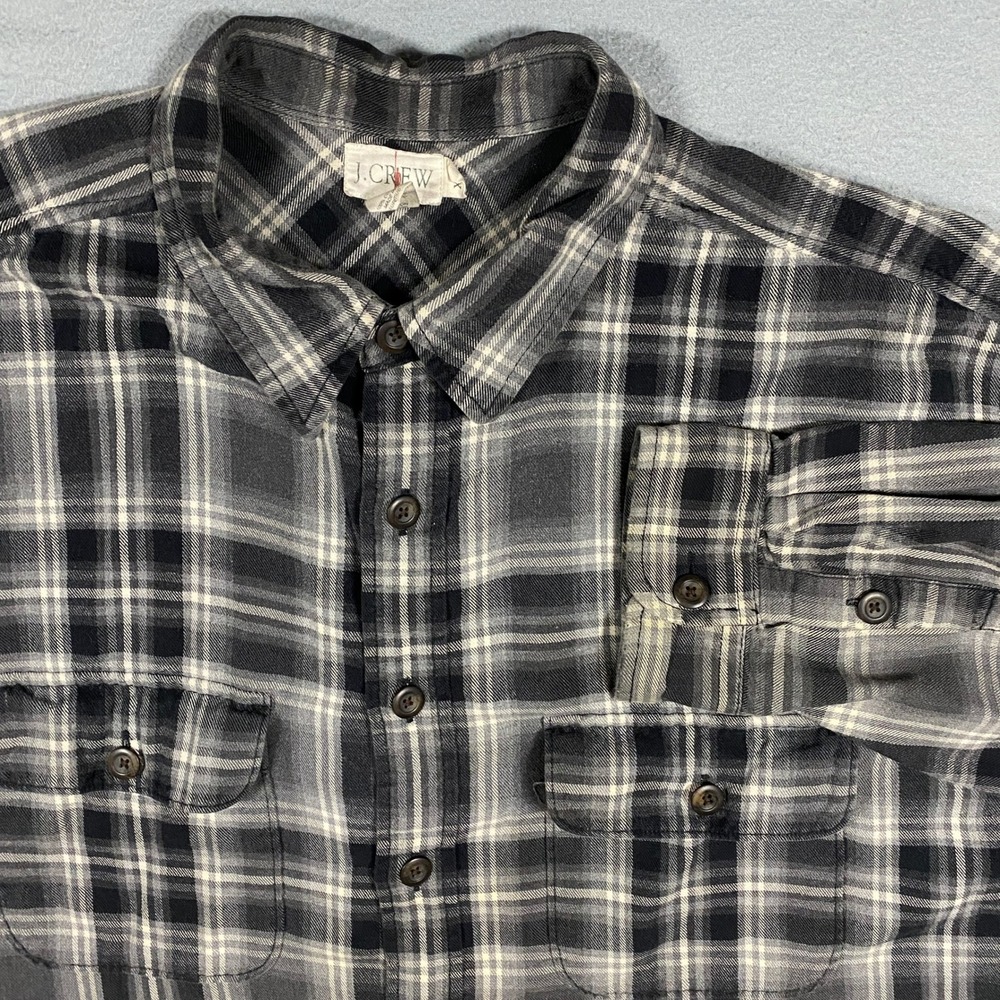 J.Crew Oarsman Flannel Shirt Mens XXL Black Grey Plaid Long Sleeve Pockets